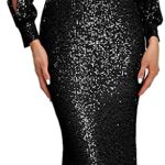 MOOSSIS Women Sequin Fishtail V Neck Maxi Bodycon Black Dress with Long & Open Sleeves BL0004R-002